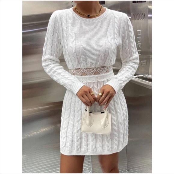 Comfy White Sheer Mesh Lace Knit Sweater Dress - Picture 2 of 6